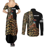 Custom Pheasant Hunting Couples Matching Summer Maxi Dress and Long Sleeve Button Shirt with Woodland Forest Scene and Autumn Foliage Pattern - Wonder Print Shop