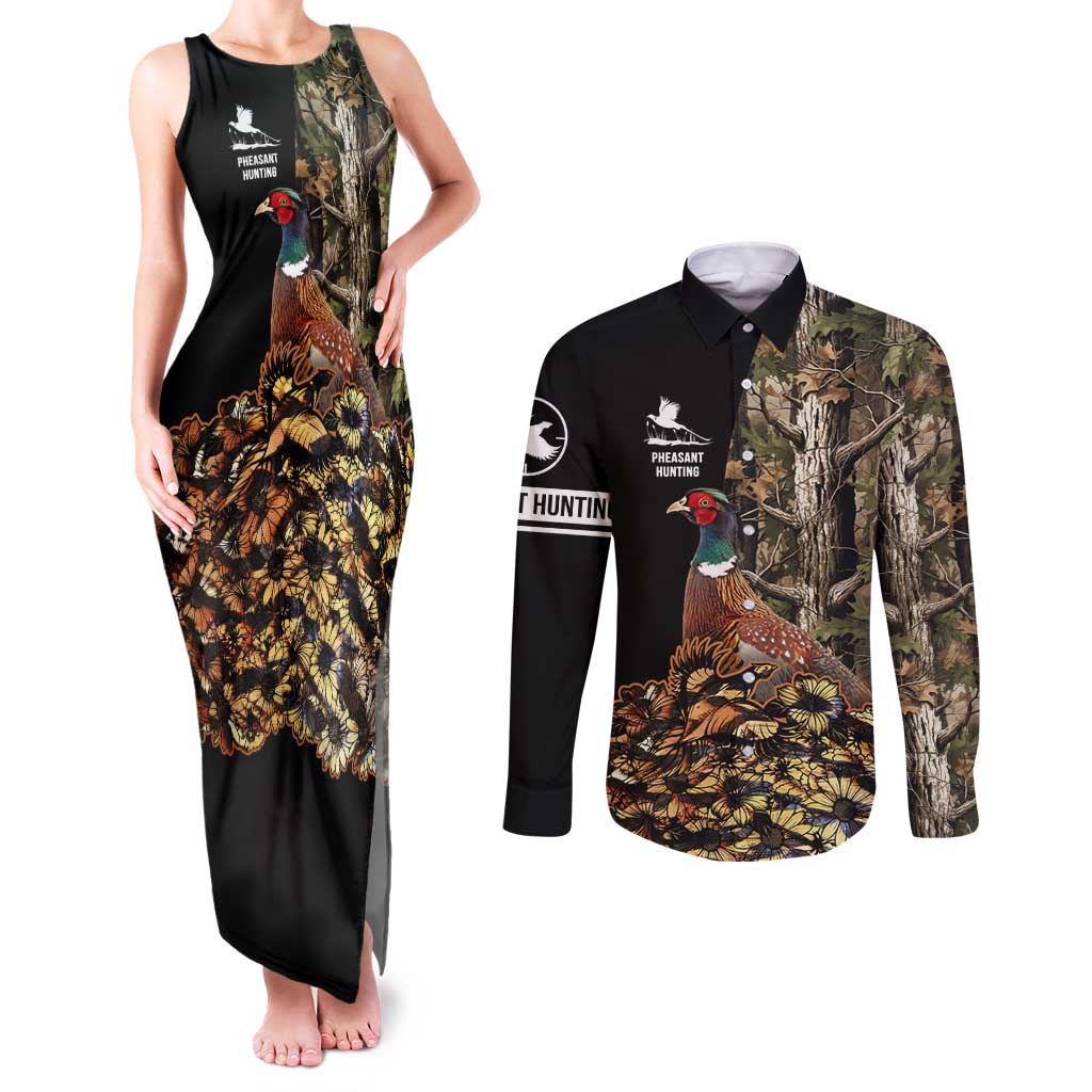 Custom Pheasant Hunting Couples Matching Tank Maxi Dress and Long Sleeve Button Shirt with Woodland Forest Scene and Autumn Foliage Pattern - Wonder Print Shop