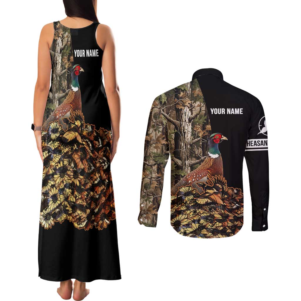 Custom Pheasant Hunting Couples Matching Tank Maxi Dress and Long Sleeve Button Shirt with Woodland Forest Scene and Autumn Foliage Pattern - Wonder Print Shop