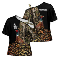 Custom Pheasant Hunting Cross Shoulder Shirt with Woodland Forest Scene and Autumn Foliage Pattern - Wonder Print Shop
