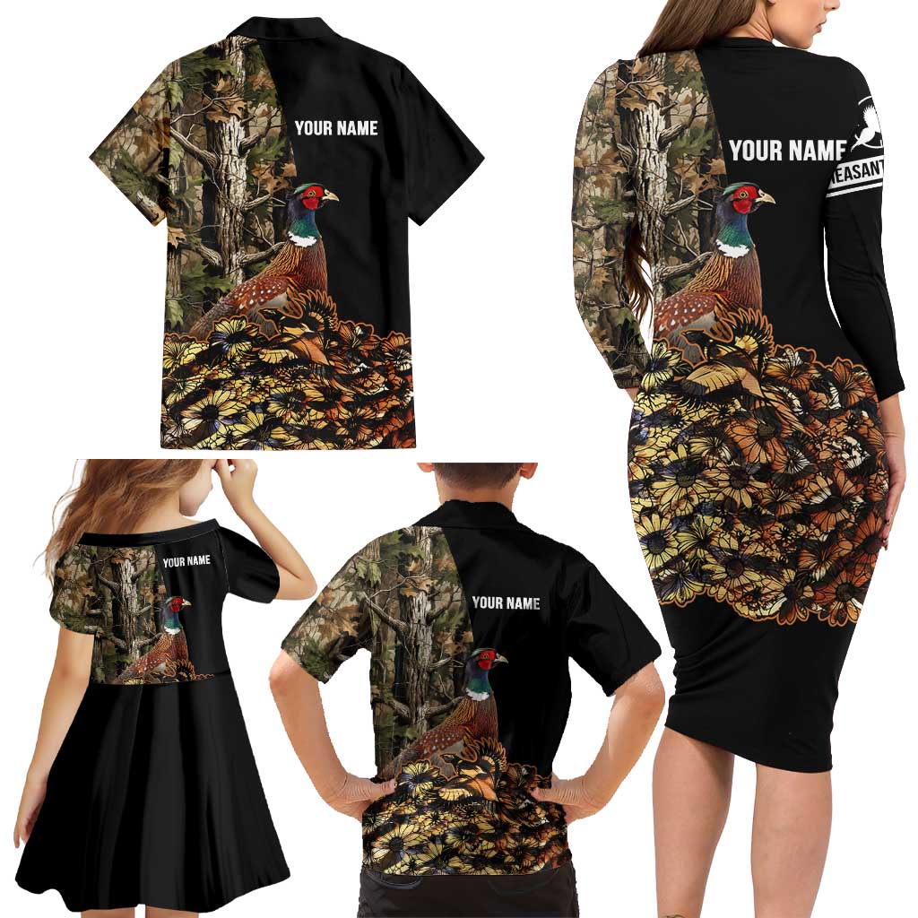 Custom Pheasant Hunting Family Matching Long Sleeve Bodycon Dress and Hawaiian Shirt with Woodland Forest Scene and Autumn Foliage Pattern - Wonder Print Shop