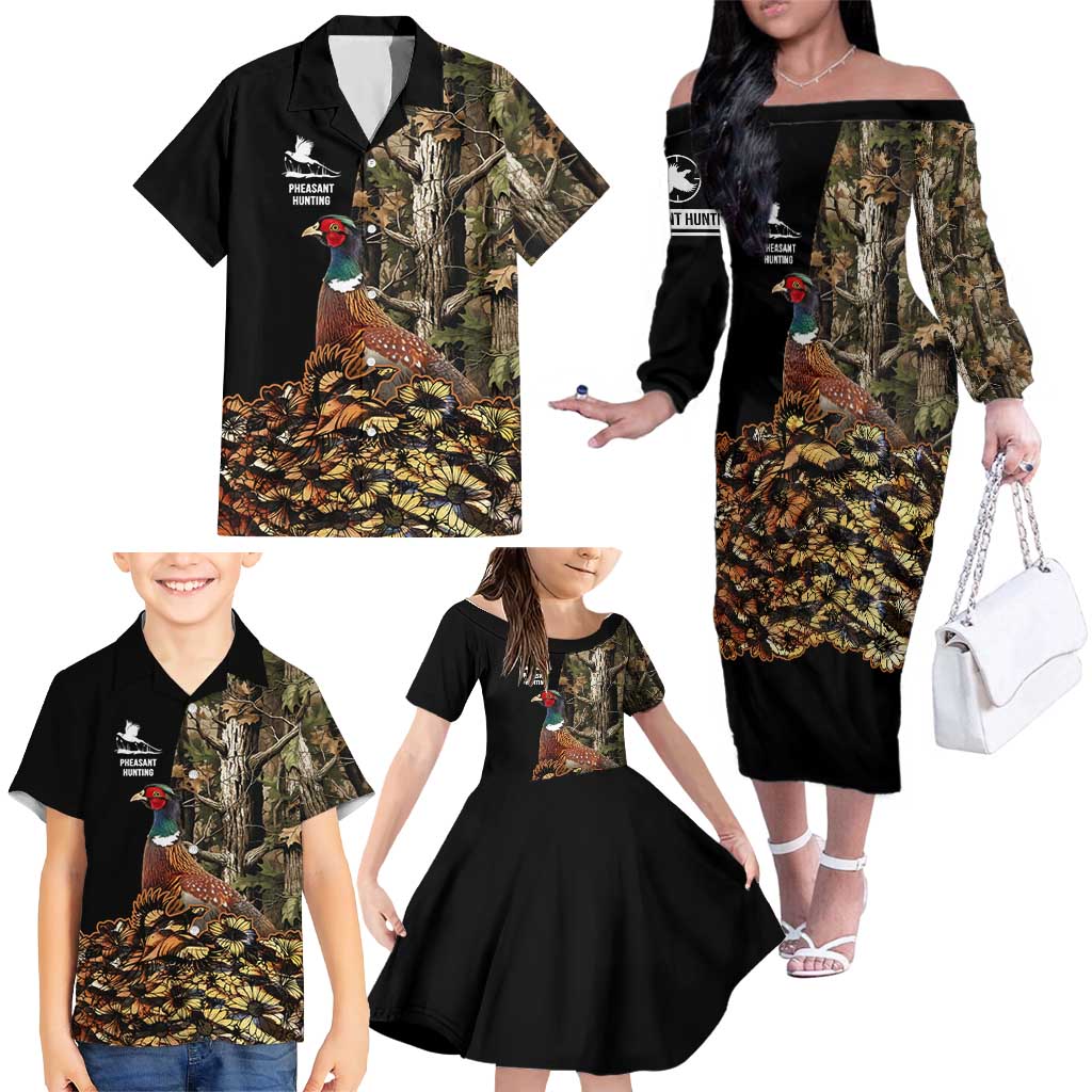 Custom Pheasant Hunting Family Matching Off The Shoulder Long Sleeve Dress and Hawaiian Shirt with Woodland Forest Scene and Autumn Foliage Pattern - Wonder Print Shop