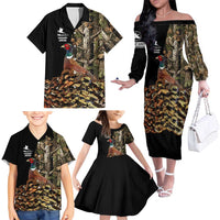 Custom Pheasant Hunting Family Matching Off The Shoulder Long Sleeve Dress and Hawaiian Shirt with Woodland Forest Scene and Autumn Foliage Pattern - Wonder Print Shop