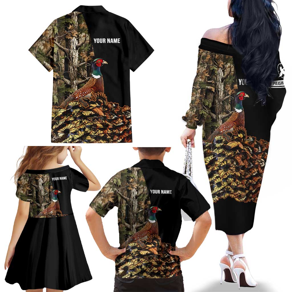 Custom Pheasant Hunting Family Matching Off The Shoulder Long Sleeve Dress and Hawaiian Shirt with Woodland Forest Scene and Autumn Foliage Pattern - Wonder Print Shop
