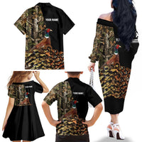 Custom Pheasant Hunting Family Matching Off The Shoulder Long Sleeve Dress and Hawaiian Shirt with Woodland Forest Scene and Autumn Foliage Pattern - Wonder Print Shop