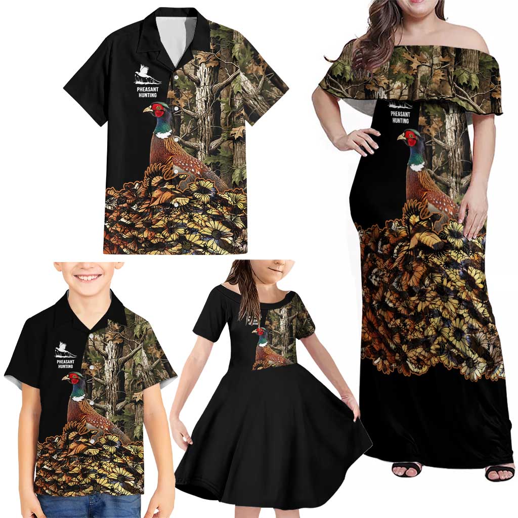 Custom Pheasant Hunting Family Matching Off Shoulder Maxi Dress and Hawaiian Shirt with Woodland Forest Scene and Autumn Foliage Pattern - Wonder Print Shop
