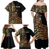 Custom Pheasant Hunting Family Matching Off Shoulder Maxi Dress and Hawaiian Shirt with Woodland Forest Scene and Autumn Foliage Pattern - Wonder Print Shop