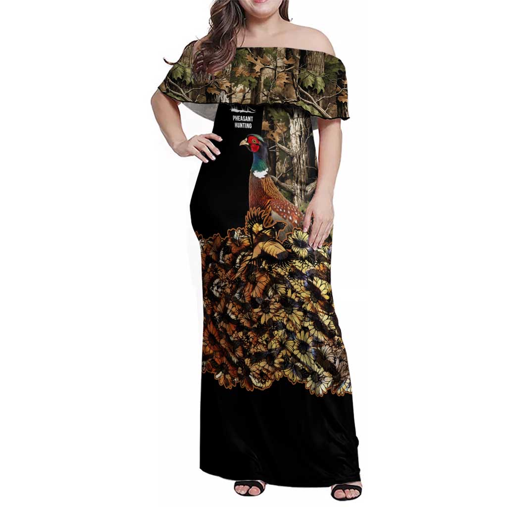 Custom Pheasant Hunting Family Matching Off Shoulder Maxi Dress and Hawaiian Shirt with Woodland Forest Scene and Autumn Foliage Pattern - Wonder Print Shop