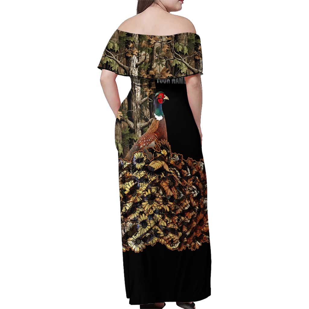Custom Pheasant Hunting Family Matching Off Shoulder Maxi Dress and Hawaiian Shirt with Woodland Forest Scene and Autumn Foliage Pattern - Wonder Print Shop
