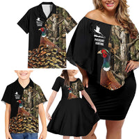 Custom Pheasant Hunting Family Matching Off Shoulder Short Dress and Hawaiian Shirt with Woodland Forest Scene and Autumn Foliage Pattern - Wonder Print Shop