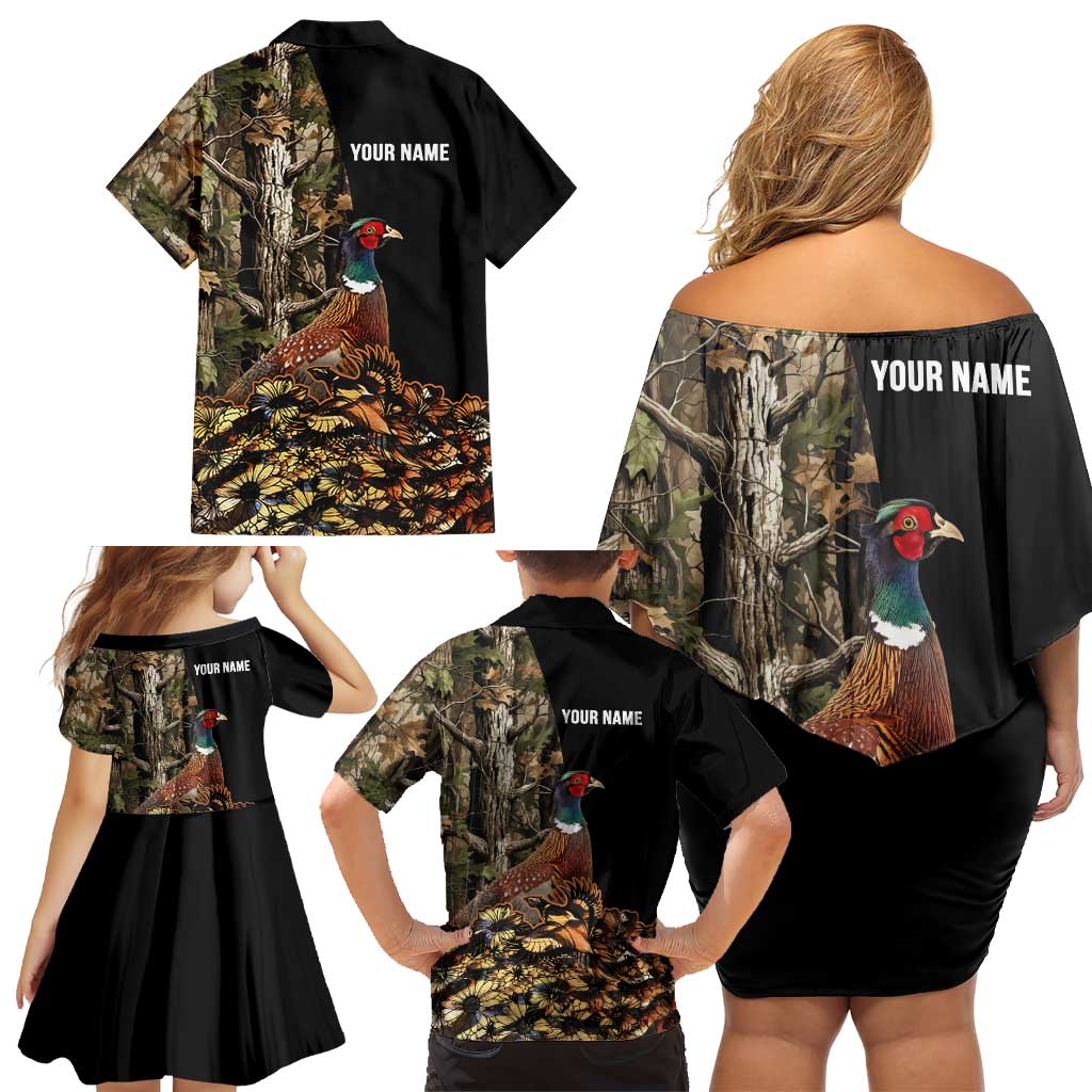 Custom Pheasant Hunting Family Matching Off Shoulder Short Dress and Hawaiian Shirt with Woodland Forest Scene and Autumn Foliage Pattern - Wonder Print Shop