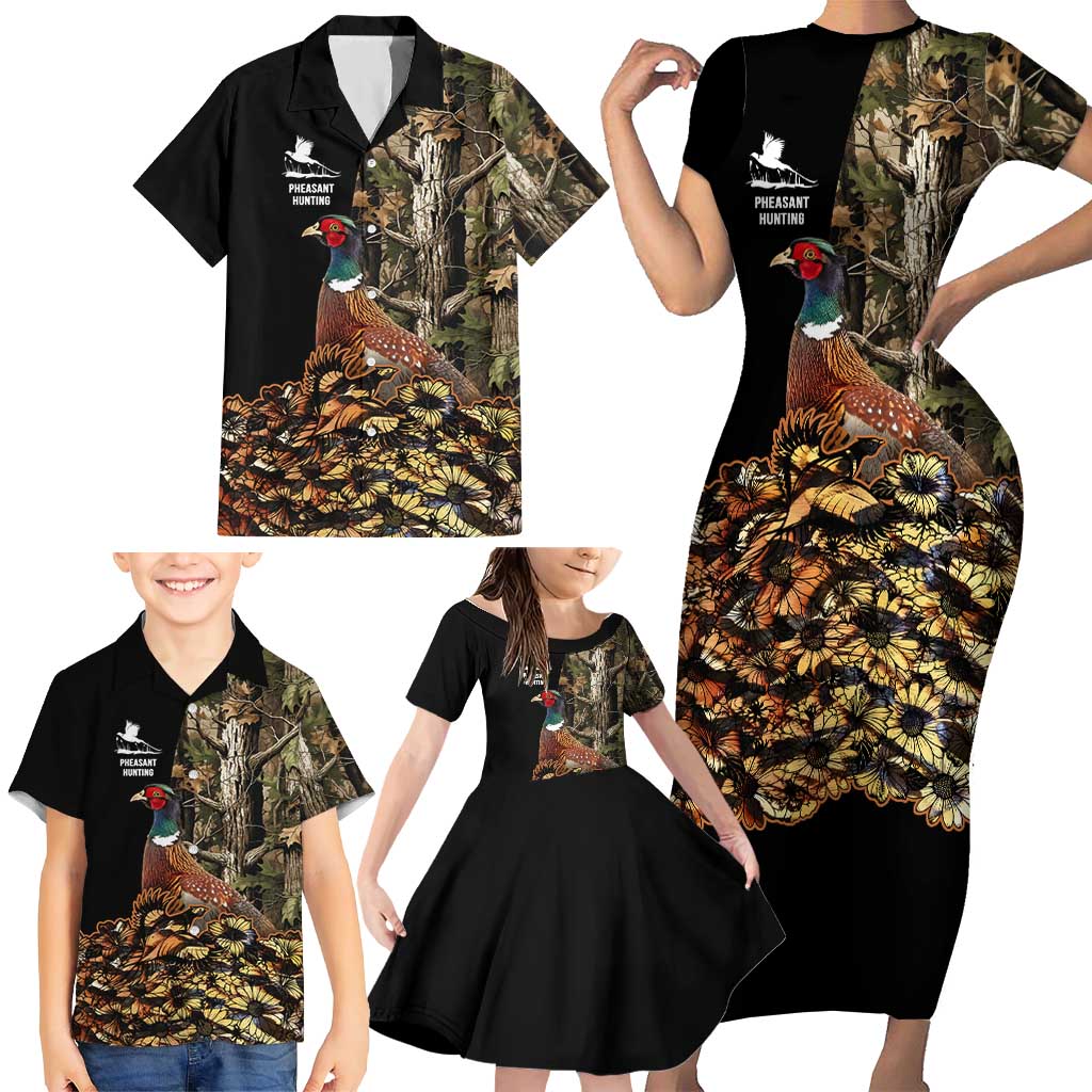 Custom Pheasant Hunting Family Matching Short Sleeve Bodycon Dress and Hawaiian Shirt with Woodland Forest Scene and Autumn Foliage Pattern - Wonder Print Shop
