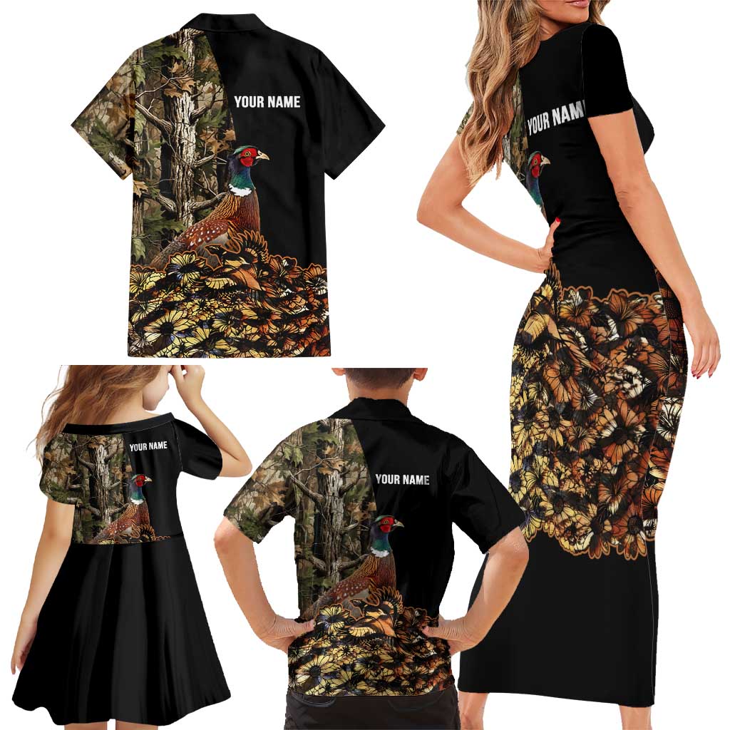 Custom Pheasant Hunting Family Matching Short Sleeve Bodycon Dress and Hawaiian Shirt with Woodland Forest Scene and Autumn Foliage Pattern - Wonder Print Shop