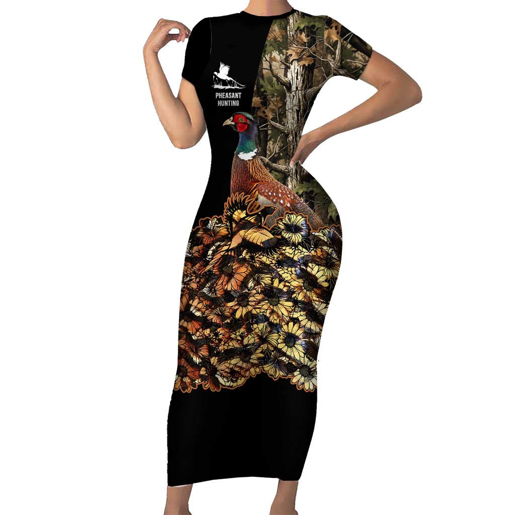 Custom Pheasant Hunting Family Matching Short Sleeve Bodycon Dress and Hawaiian Shirt with Woodland Forest Scene and Autumn Foliage Pattern - Wonder Print Shop
