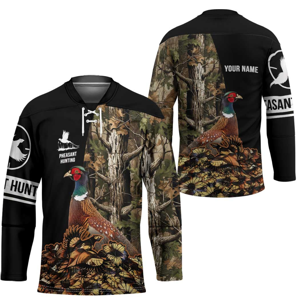Custom Pheasant Hunting Hockey Jersey with Woodland Forest Scene and Autumn Foliage Pattern - Wonder Print Shop