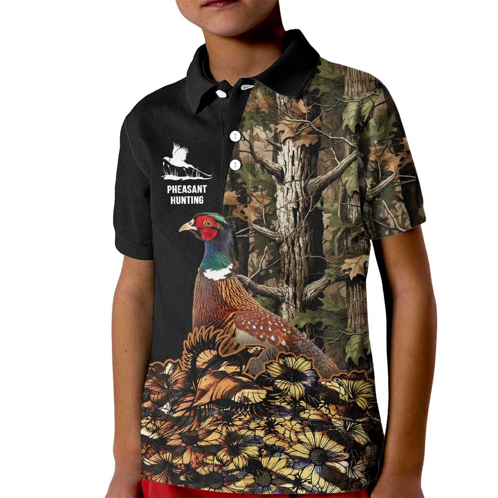 Custom Pheasant Hunting Kid Polo Shirt with Woodland Forest Scene and Autumn Foliage Pattern - Wonder Print Shop