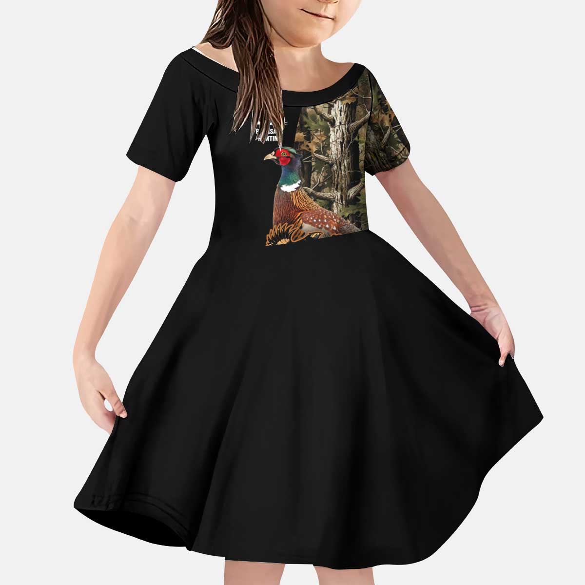 Custom Pheasant Hunting Kid Short Sleeve Dress with Woodland Forest Scene and Autumn Foliage Pattern - Wonder Print Shop