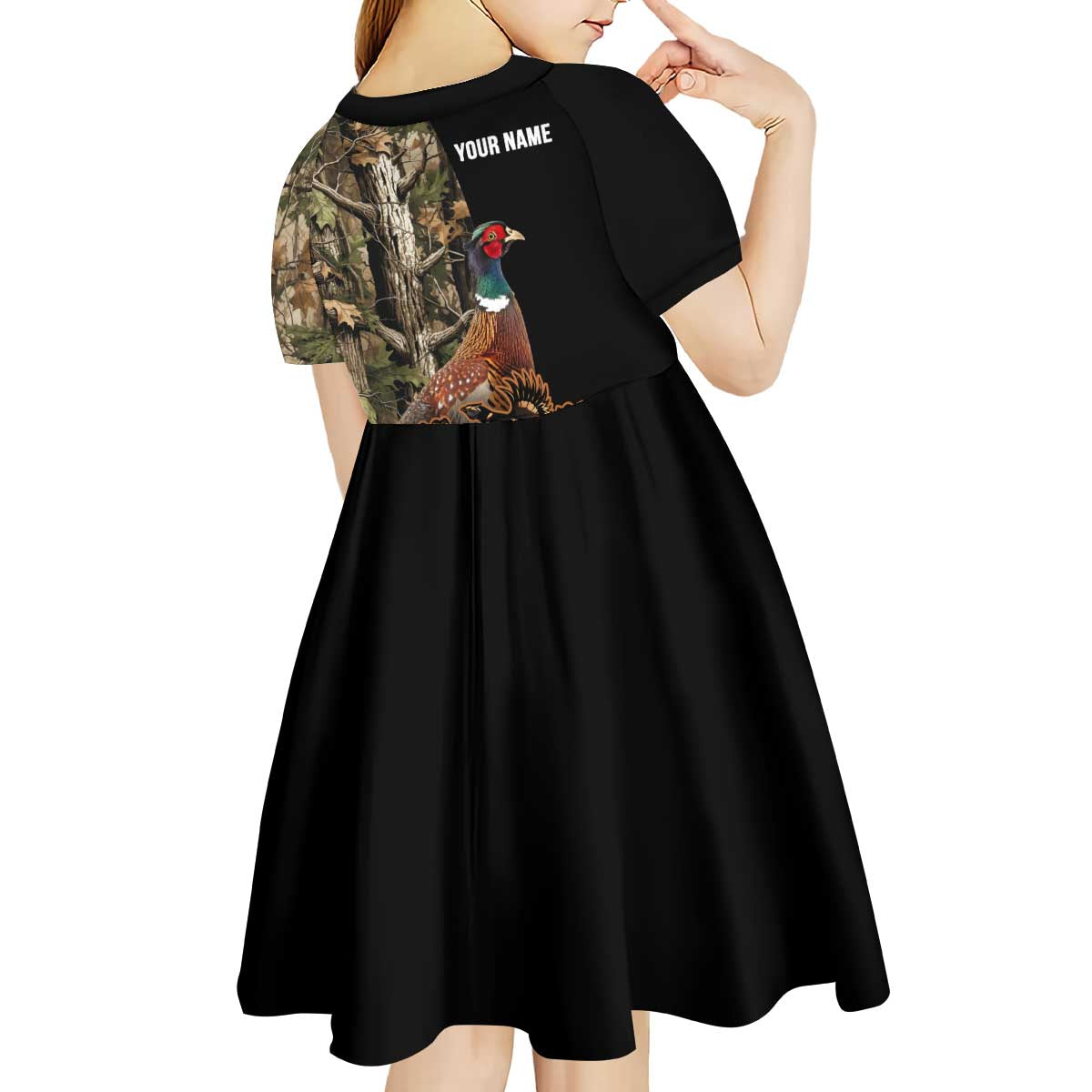 Custom Pheasant Hunting Kid Short Sleeve Dress with Woodland Forest Scene and Autumn Foliage Pattern - Wonder Print Shop