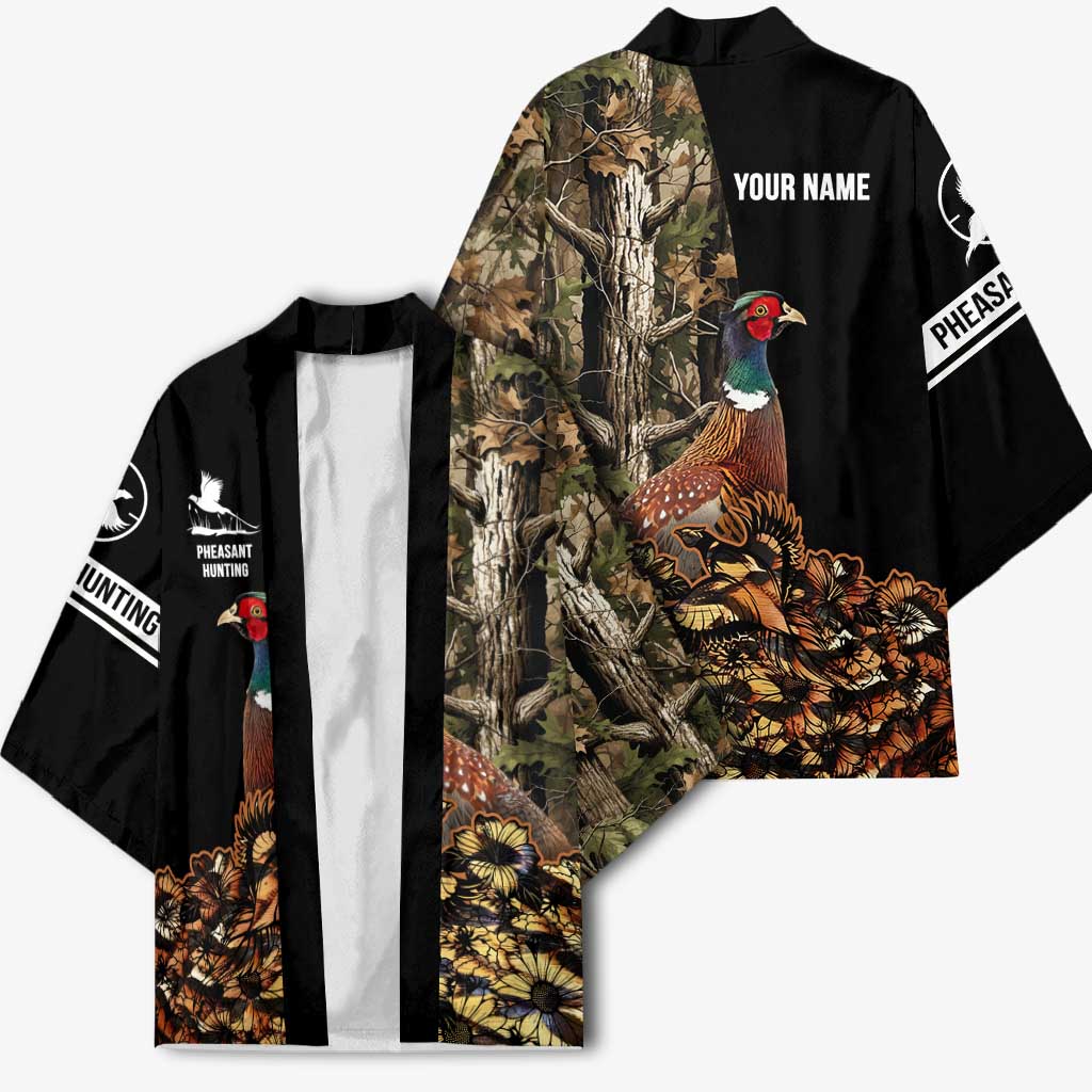 Custom Pheasant Hunting Kimono with Woodland Forest Scene and Autumn Foliage Pattern - Wonder Print Shop