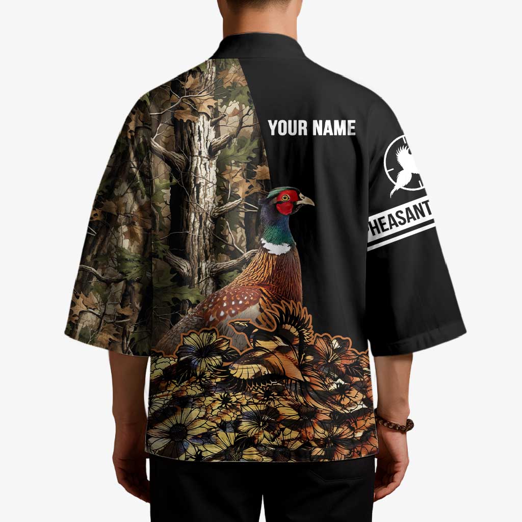 Custom Pheasant Hunting Kimono with Woodland Forest Scene and Autumn Foliage Pattern - Wonder Print Shop
