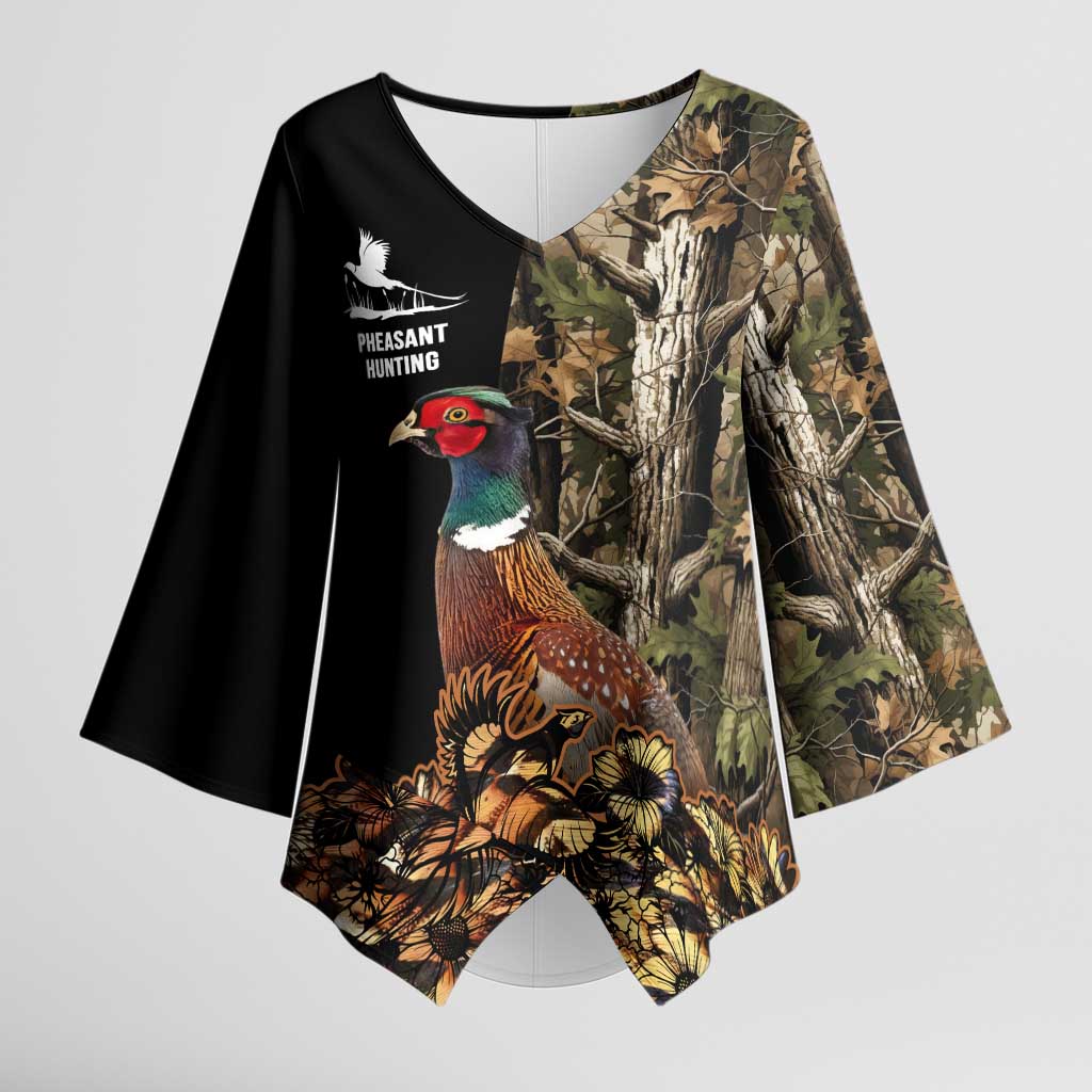 Custom Pheasant Hunting Kimono Sleeve Blouse with Woodland Forest Scene and Autumn Foliage Pattern - Wonder Print Shop