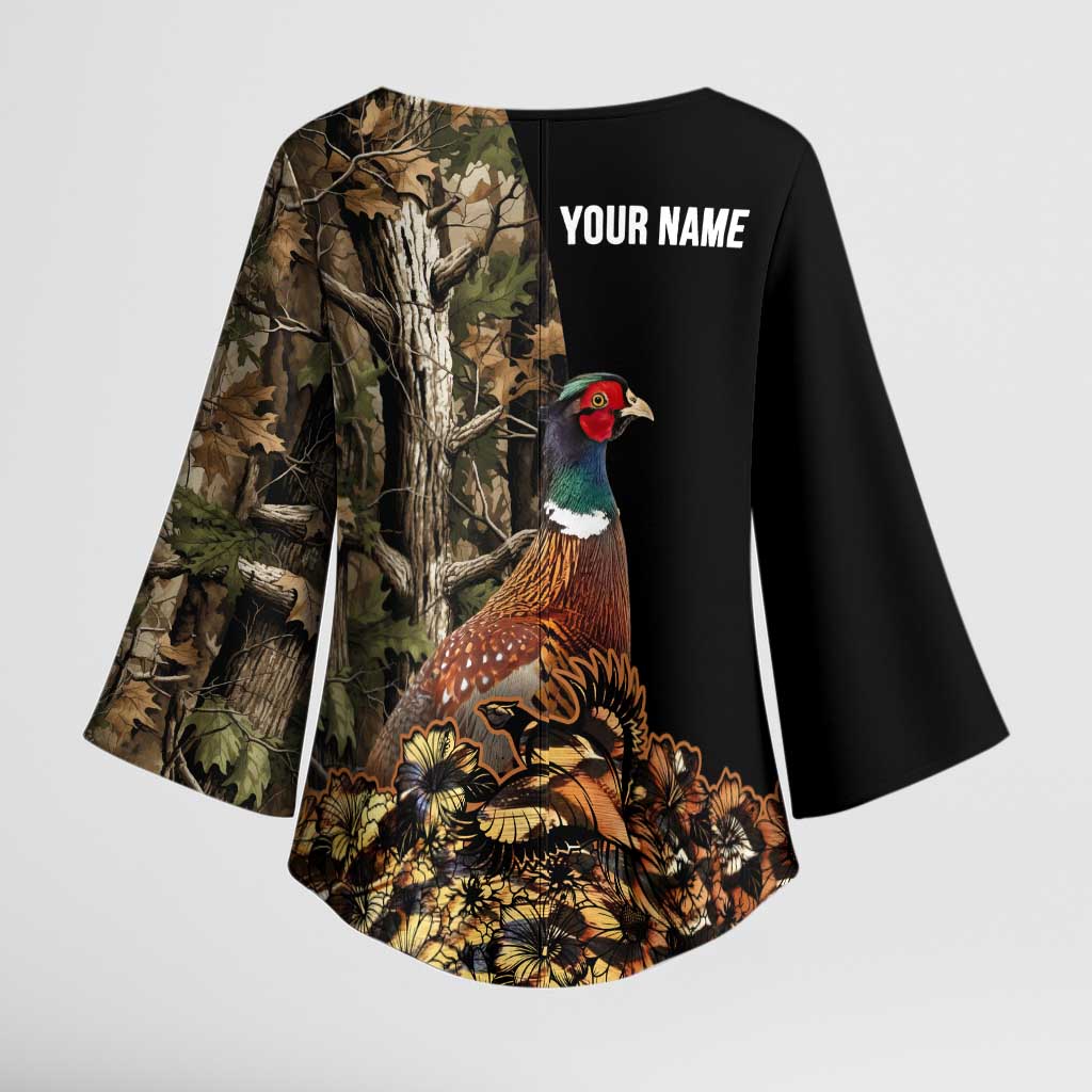 Custom Pheasant Hunting Kimono Sleeve Blouse with Woodland Forest Scene and Autumn Foliage Pattern - Wonder Print Shop
