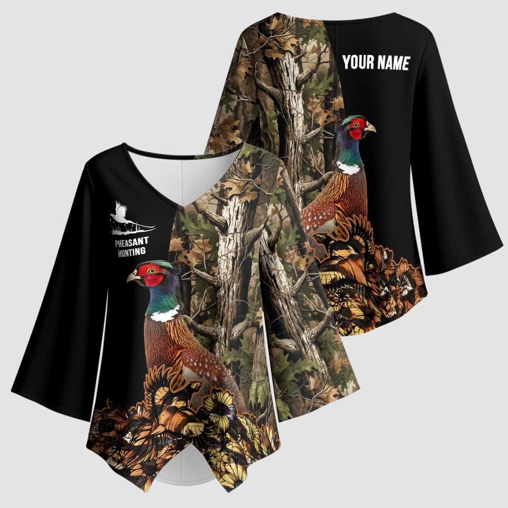 Custom Pheasant Hunting Kimono Sleeve Blouse with Woodland Forest Scene and Autumn Foliage Pattern - Wonder Print Shop