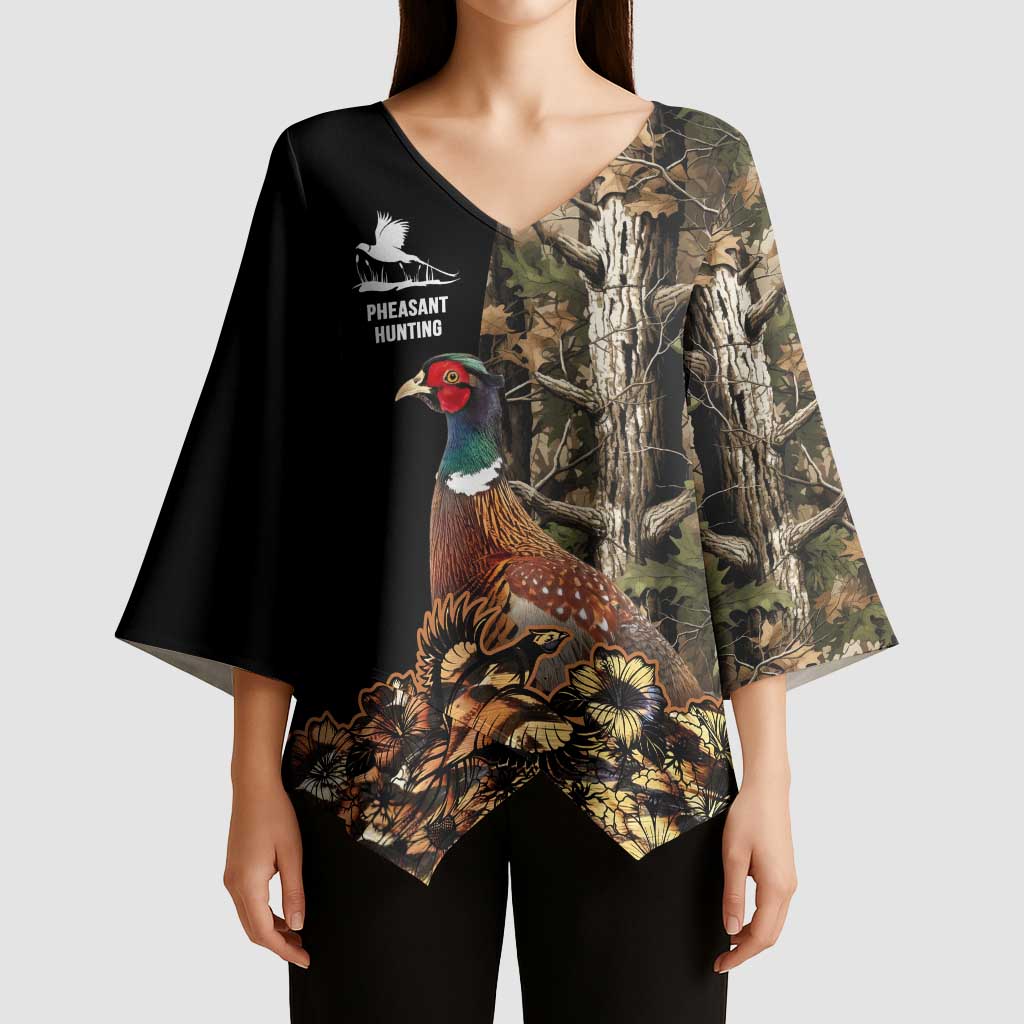 Custom Pheasant Hunting Kimono Sleeve Blouse with Woodland Forest Scene and Autumn Foliage Pattern - Wonder Print Shop