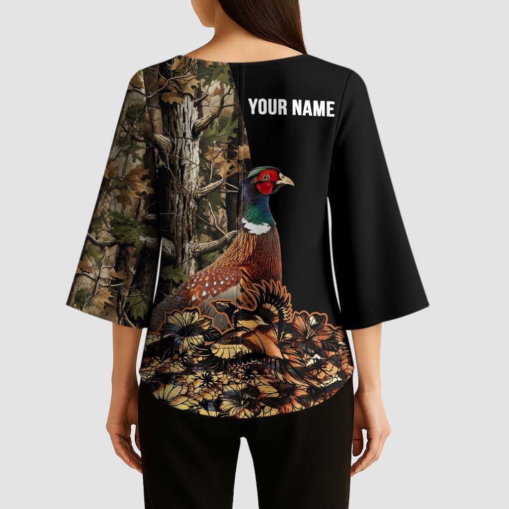 Custom Pheasant Hunting Kimono Sleeve Blouse with Woodland Forest Scene and Autumn Foliage Pattern - Wonder Print Shop