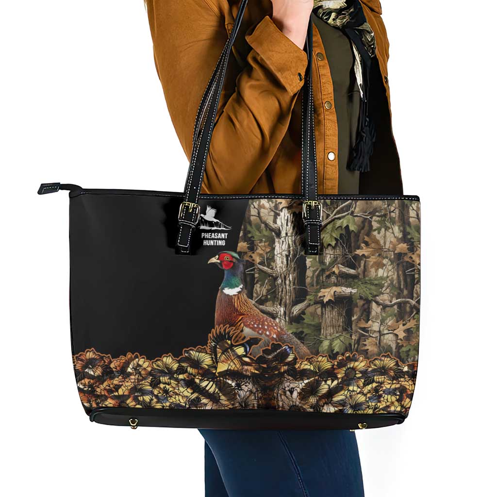 Pheasant Hunting Leather Tote Bag with Woodland Forest Scene and Autumn Foliage Pattern - Wonder Print Shop
