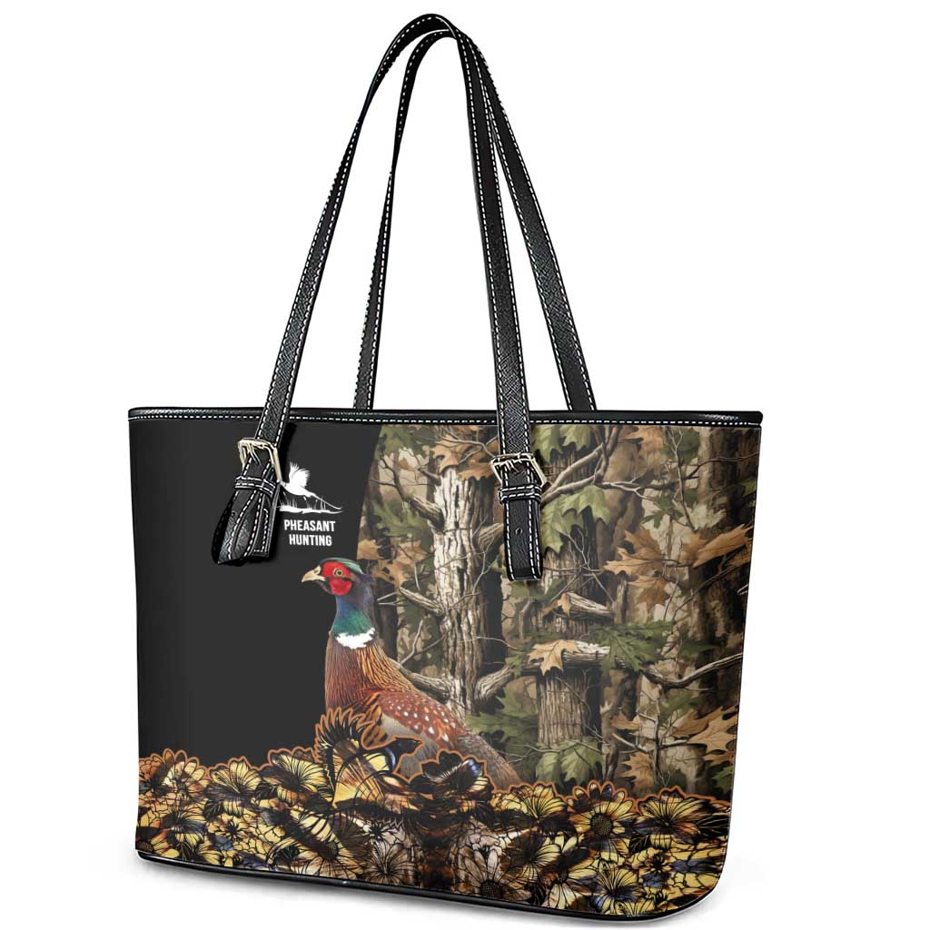 Pheasant Hunting Leather Tote Bag with Woodland Forest Scene and Autumn Foliage Pattern - Wonder Print Shop