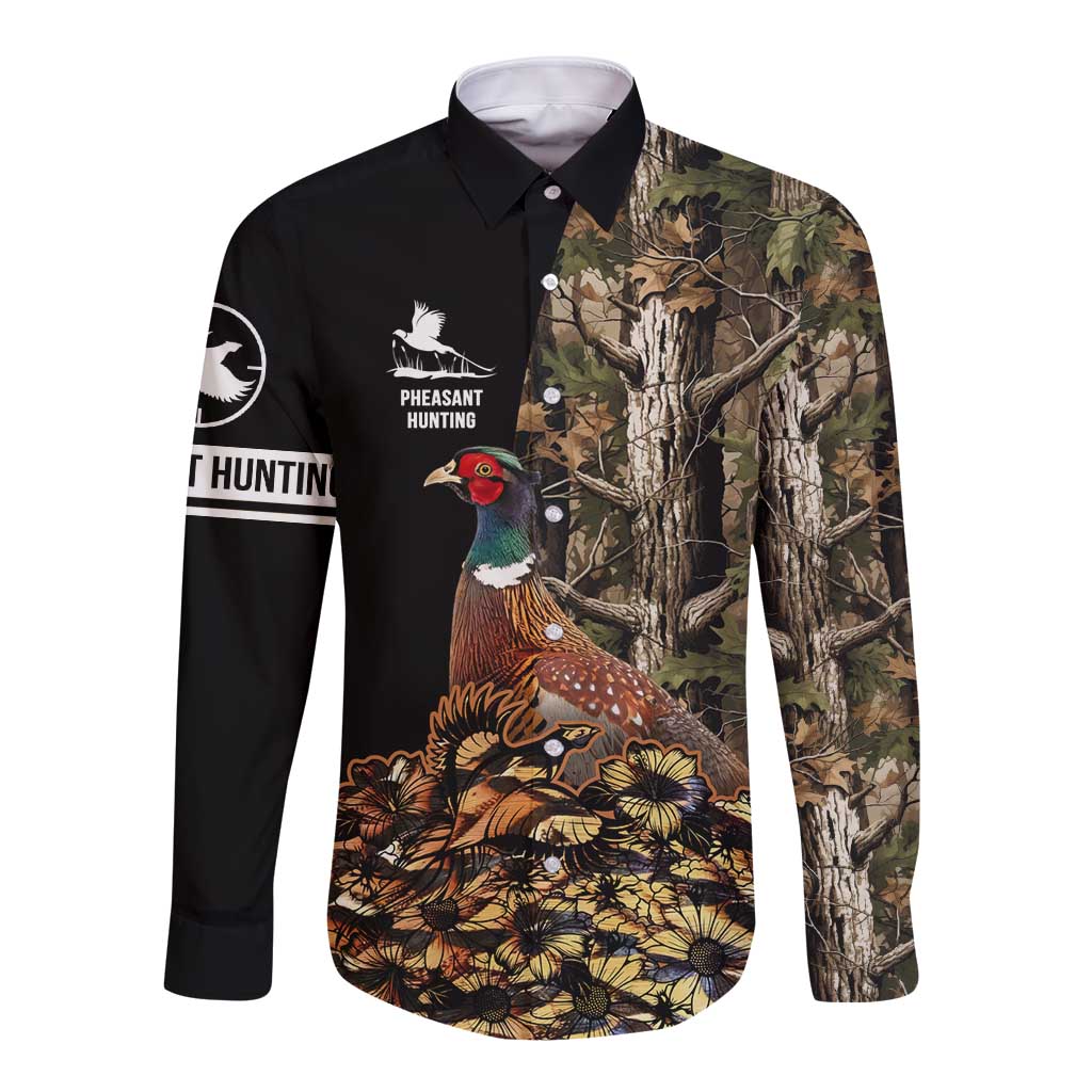 Custom Pheasant Hunting Long Sleeve Button Shirt with Woodland Forest Scene and Autumn Foliage Pattern - Wonder Print Shop