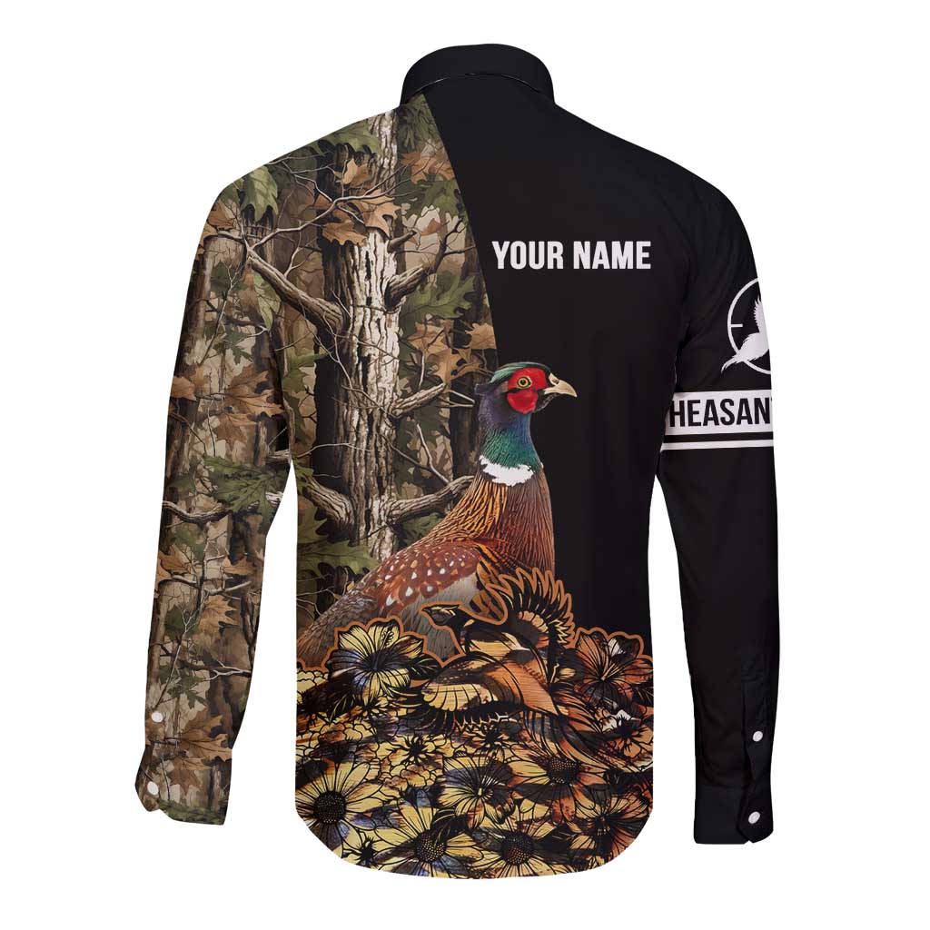 Custom Pheasant Hunting Long Sleeve Button Shirt with Woodland Forest Scene and Autumn Foliage Pattern - Wonder Print Shop