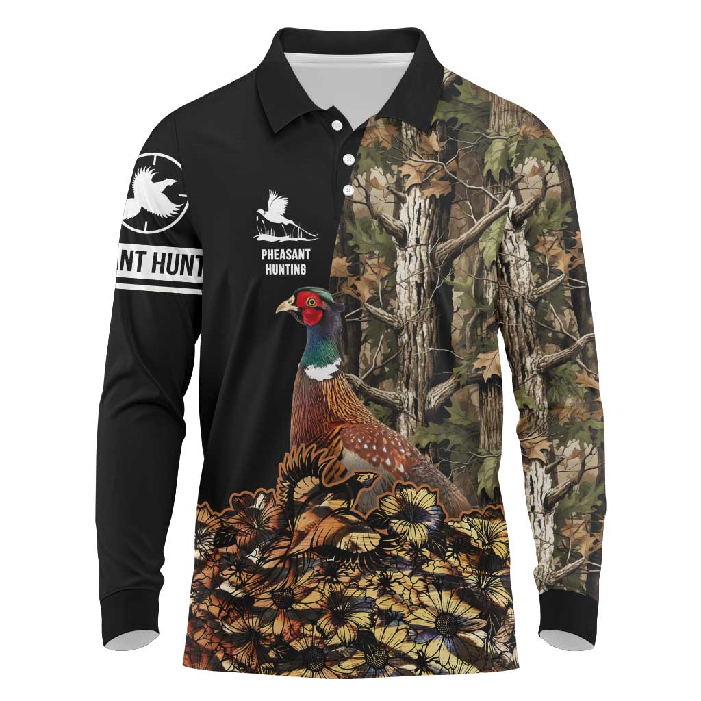 Custom Pheasant Hunting Long Sleeve Polo Shirt with Woodland Forest Scene and Autumn Foliage Pattern - Wonder Print Shop