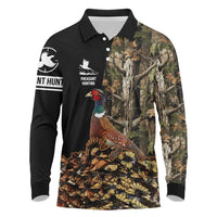 Custom Pheasant Hunting Long Sleeve Polo Shirt with Woodland Forest Scene and Autumn Foliage Pattern - Wonder Print Shop