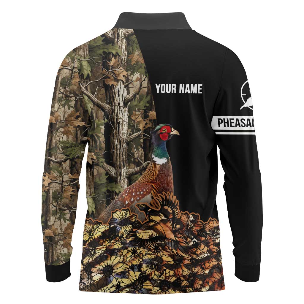 Custom Pheasant Hunting Long Sleeve Polo Shirt with Woodland Forest Scene and Autumn Foliage Pattern - Wonder Print Shop