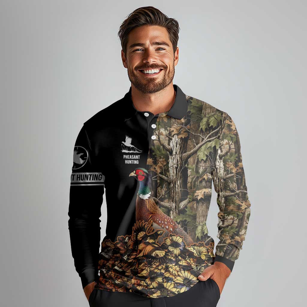 Custom Pheasant Hunting Long Sleeve Polo Shirt with Woodland Forest Scene and Autumn Foliage Pattern - Wonder Print Shop