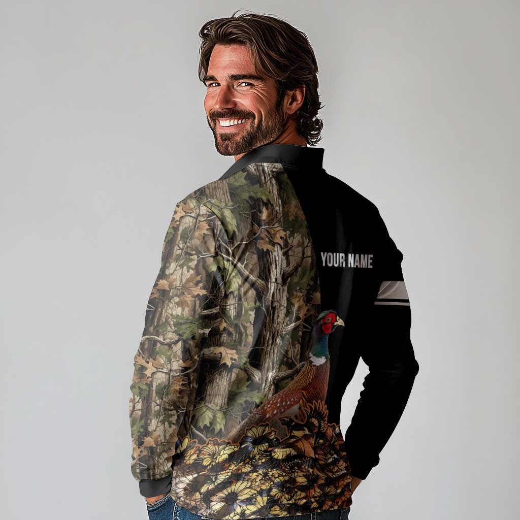 Custom Pheasant Hunting Long Sleeve Polo Shirt with Woodland Forest Scene and Autumn Foliage Pattern - Wonder Print Shop