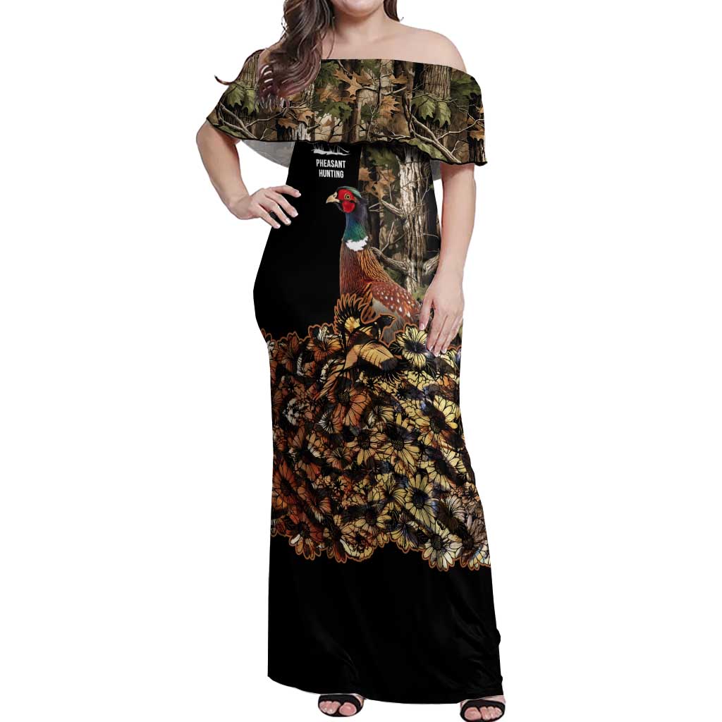 Custom Pheasant Hunting Off Shoulder Maxi Dress with Woodland Forest Scene and Autumn Foliage Pattern - Wonder Print Shop