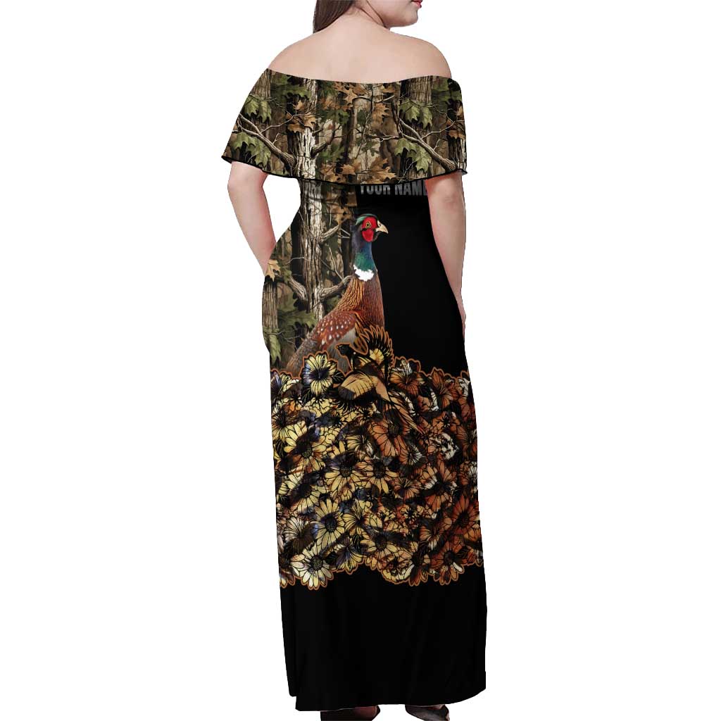Custom Pheasant Hunting Off Shoulder Maxi Dress with Woodland Forest Scene and Autumn Foliage Pattern - Wonder Print Shop