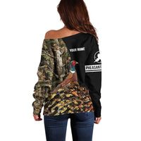 Custom Pheasant Hunting Off Shoulder Sweater with Woodland Forest Scene and Autumn Foliage Pattern - Wonder Print Shop