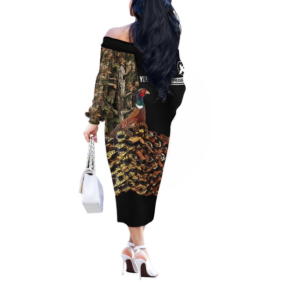 Custom Pheasant Hunting Off The Shoulder Long Sleeve Dress with Woodland Forest Scene and Autumn Foliage Pattern - Wonder Print Shop