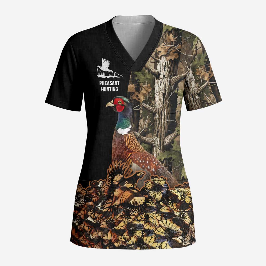 Custom Pheasant Hunting Scrub Top with Woodland Forest Scene and Autumn Foliage Pattern - Wonder Print Shop