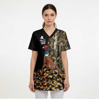 Custom Pheasant Hunting Scrub Top with Woodland Forest Scene and Autumn Foliage Pattern - Wonder Print Shop