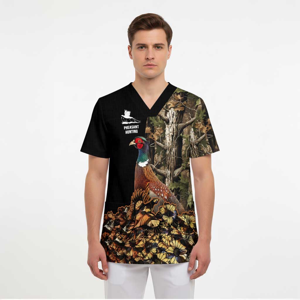 Custom Pheasant Hunting Scrub Top with Woodland Forest Scene and Autumn Foliage Pattern - Wonder Print Shop