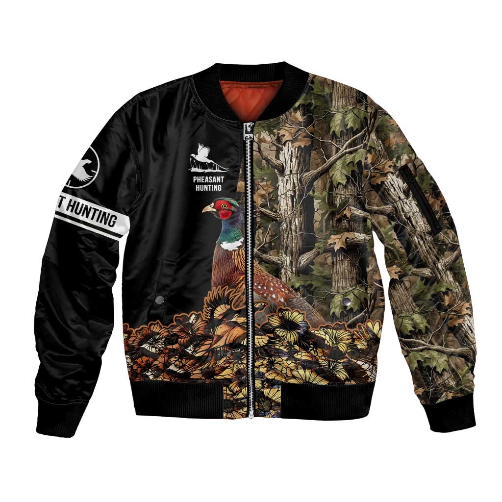 Custom Pheasant Hunting Sleeve Zip Bomber Jacket with Woodland Forest Scene and Autumn Foliage Pattern - Wonder Print Shop