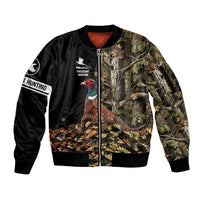 Custom Pheasant Hunting Sleeve Zip Bomber Jacket with Woodland Forest Scene and Autumn Foliage Pattern - Wonder Print Shop