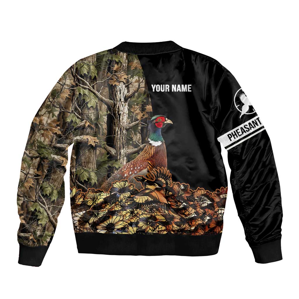 Custom Pheasant Hunting Sleeve Zip Bomber Jacket with Woodland Forest Scene and Autumn Foliage Pattern - Wonder Print Shop
