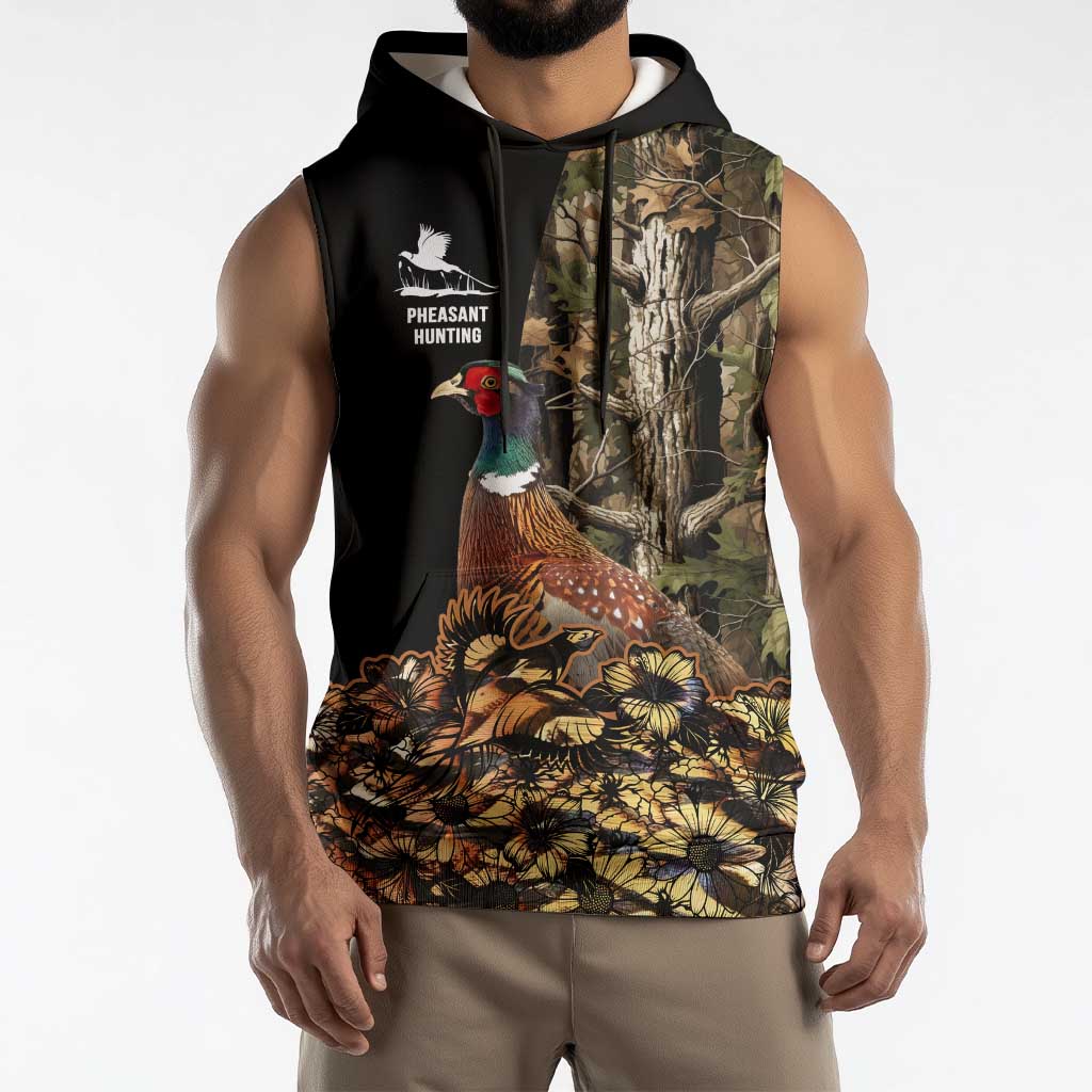Custom Pheasant Hunting Sleeveless Hoodie with Woodland Forest Scene and Autumn Foliage Pattern - Wonder Print Shop