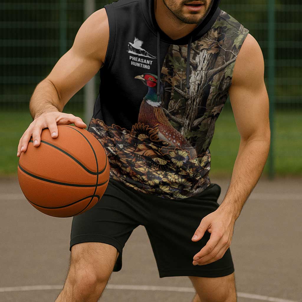 Custom Pheasant Hunting Sleeveless Hoodie with Woodland Forest Scene and Autumn Foliage Pattern - Wonder Print Shop